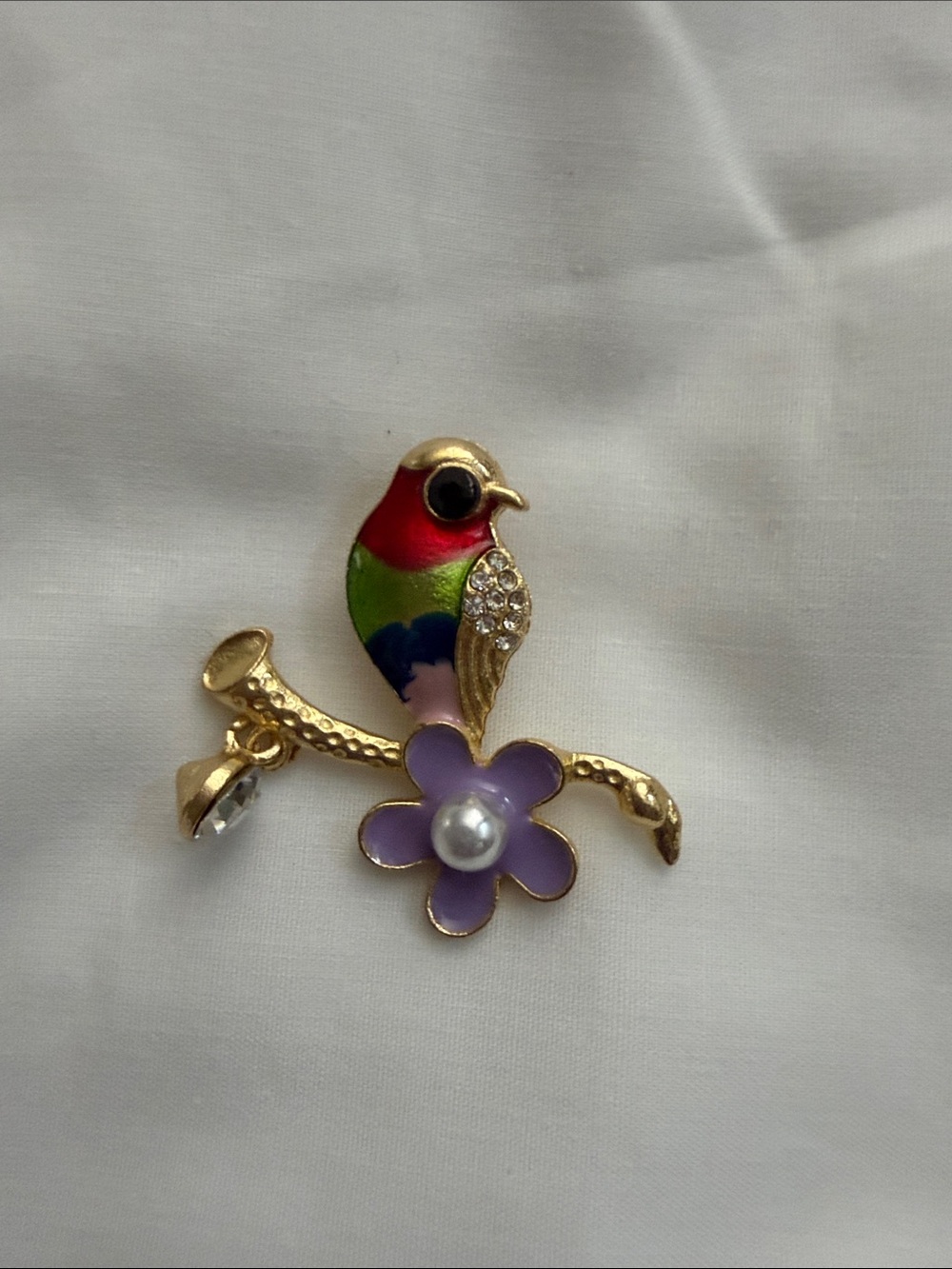 Gold Multicolor Bird Brooch with Purple Flower - Fashion Jewelry